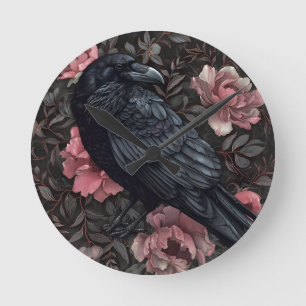 Horloge Ronde Corbeau gothique fleurs vintages