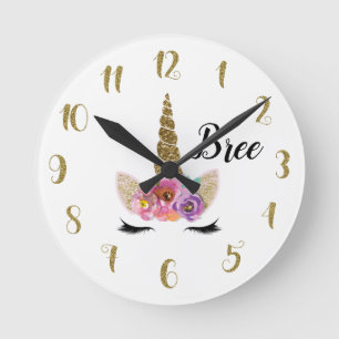 Horloge Ronde Corne de Licorne Or Pailleté Fantaisie Florale Per