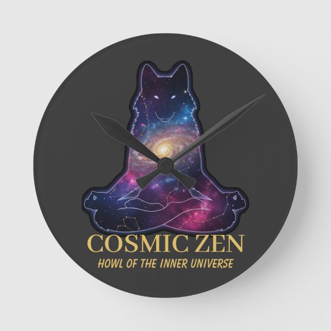 Horloge Ronde Cosmic Zen Wolf – Meditating Galaxy (NO NUMBERS) (Recto)