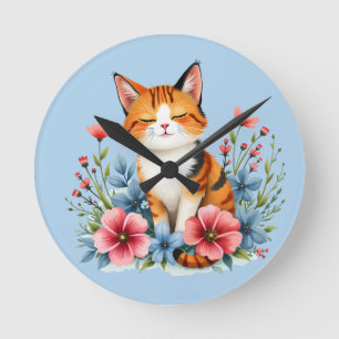 Horloge Ronde Cottagecore Floral Chat Serene Feline Botanique