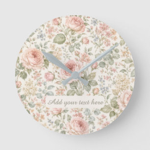 Horloge Ronde Cottagecore Rose Poussiéreuse Vert Sauge Floral Ja