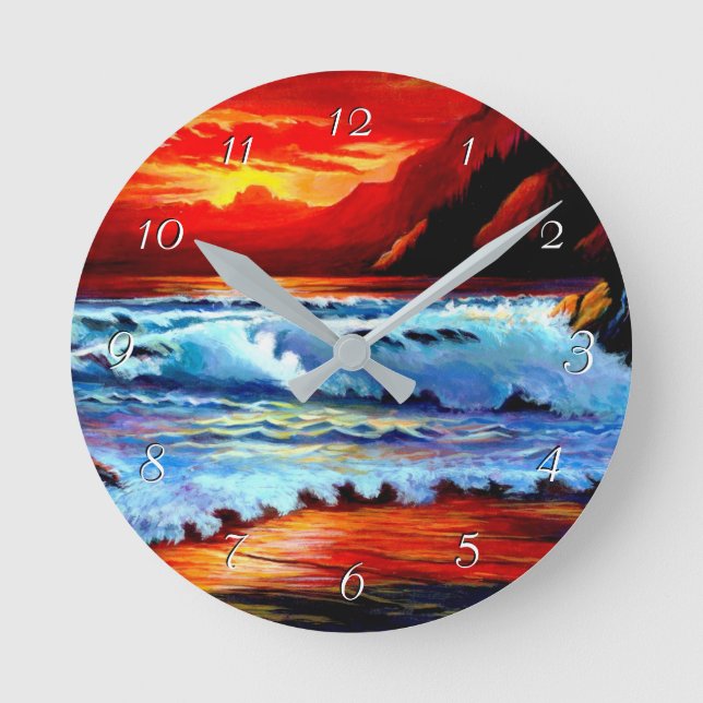 Horloge ronde Coucher de soleil sur la plage peint (Recto)