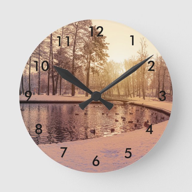 Horloge Ronde Coucher de soleil sur le parc avec petit lac gelé (Recto)