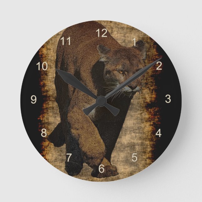 Horloge Ronde Cougar Mountain-Lion Art on a Wildlife Wall Clock (Recto)