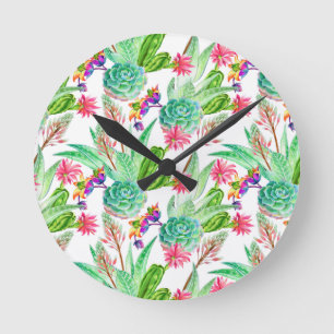 Horloge Ronde Couleur d'eau vive Cactus et Motif succulent
