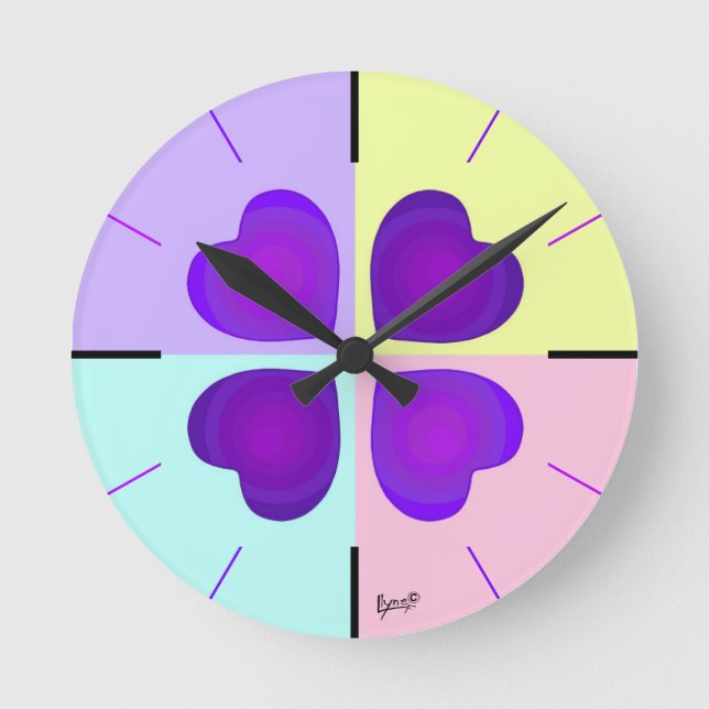 Horloge Ronde Couleurs pastel & coeurs violets battre (Recto)