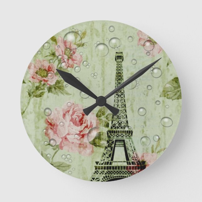 Horloge Ronde country chic mink pink floral paris eiffel tower (Recto)