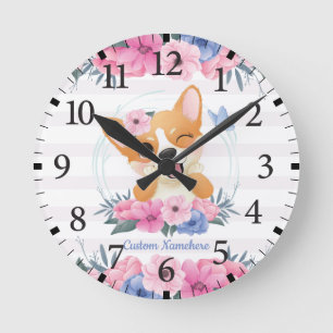 Horloge Ronde Couronne de fleurs de chien Corgi mignon Papillon 