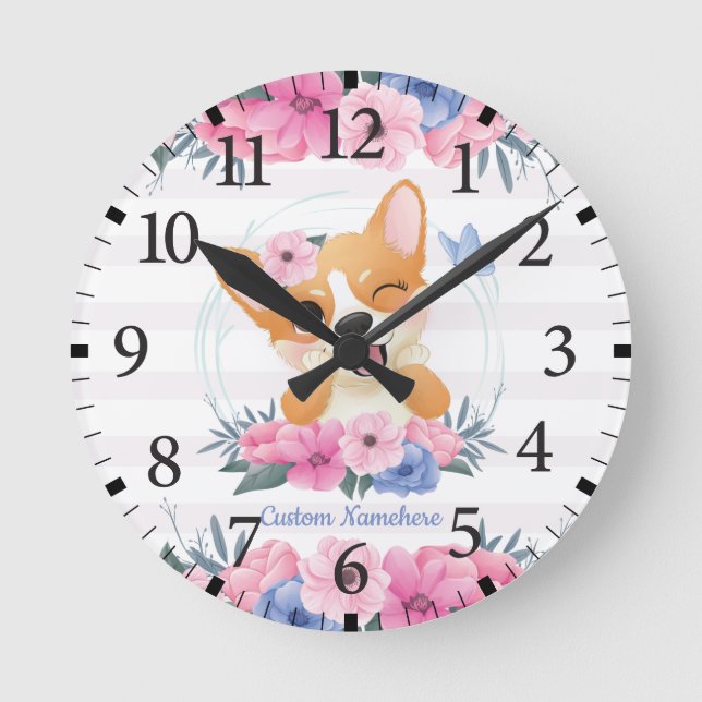 Horloge Ronde Couronne de fleurs de chien Corgi mignon Papillon  (Recto)