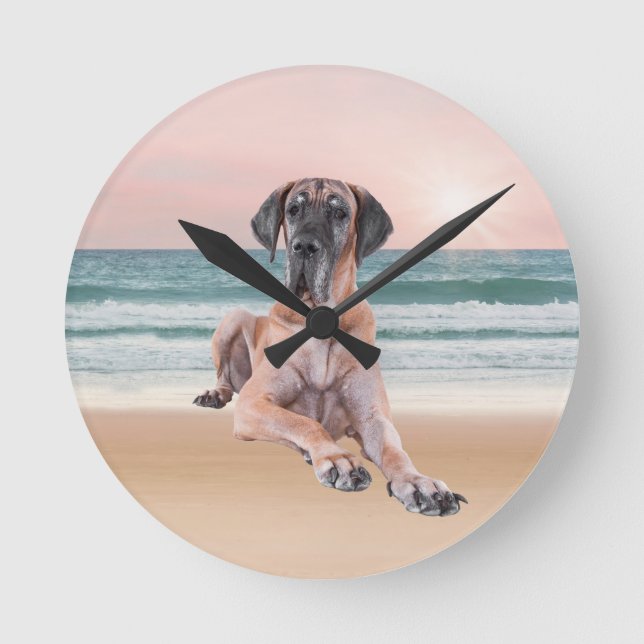 Horloge Ronde Coutume Grand Chien Danse assis sur la plage (Recto)