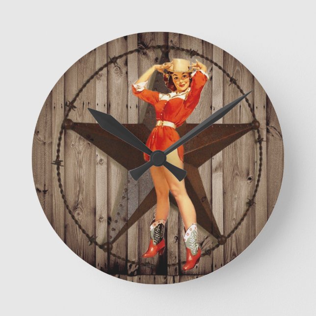 Horloge Ronde Cow-girl solitaire en bois de pays occidental (Recto)