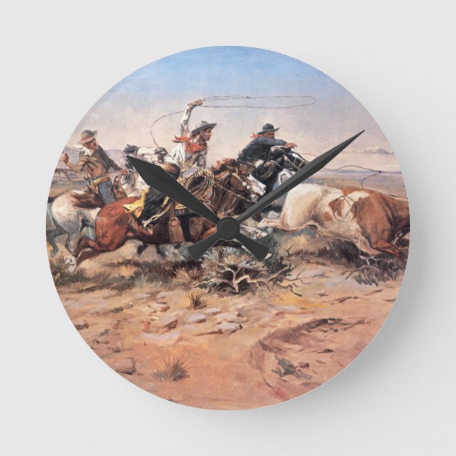 Horloge Ronde Cowboys roping un boeuf, 1897 (huile sur la toile) (Recto)