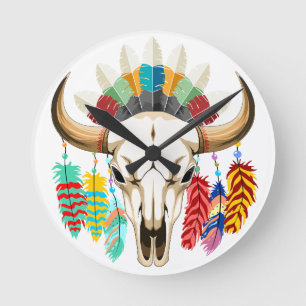 Horloge Ronde Crâne de Buffalo Emblème Amérindien