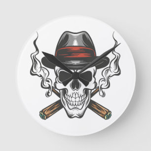 Horloge Ronde Crâne de gangster avec chapeau fedora