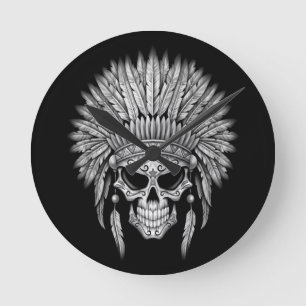 Horloge Ronde Crâne de sucre autochtone foncé avec coiffure
