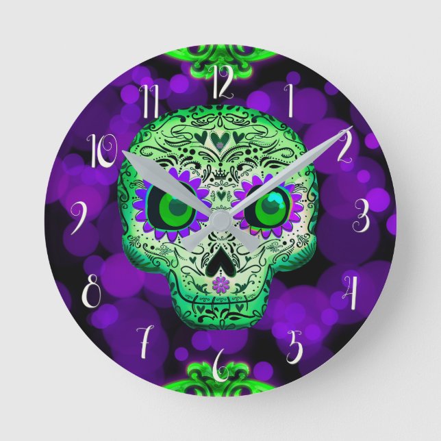 Horloge Ronde Crâne de sucre vert et violet brillant Halloween (Recto)