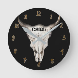 Horloge Ronde Crâne de taureau vache rustique noir cornes person