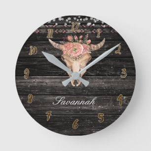 Horloge Ronde Crâne de vache en bois rustique à fleurs Cornes Bo