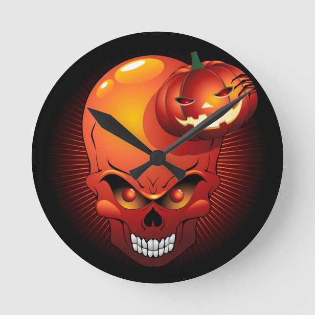 Horloge Ronde Crâne d'Halloween et Citrouille (Recto)