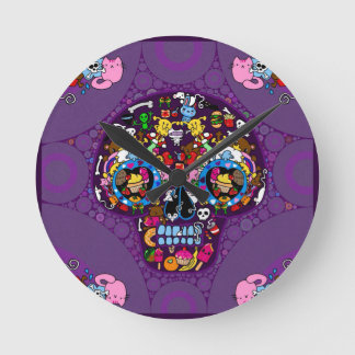 Horloge Ronde Crâne en art sucré kawaii doodle personnalisé