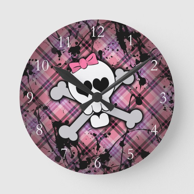 Horloge Ronde Crâne rose Grunge avec Coeurs croisés (Recto)