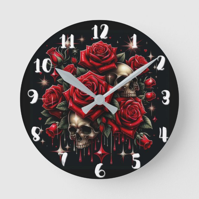 Horloge Ronde Crânes d'or et roses rouges étincelante gothique (Recto)