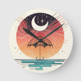 Horloge Ronde Crescent Moon Pluie Boho Line Art