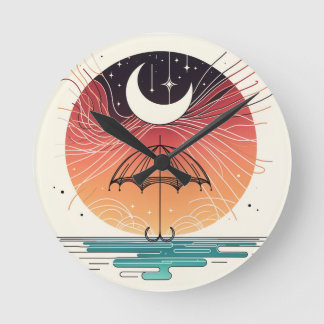 Horloge Ronde Crescent Moon Pluie Boho Line Art