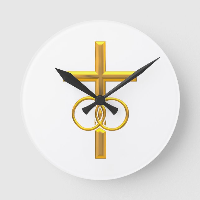Horloge Ronde Croix 3-D d'or avec anneaux Mariages (Recto)