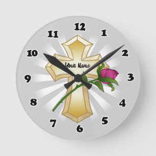 Horloge Ronde Croix chrétienne rose