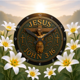 Horloge Ronde Croix métallique Jésus Jean 3:16