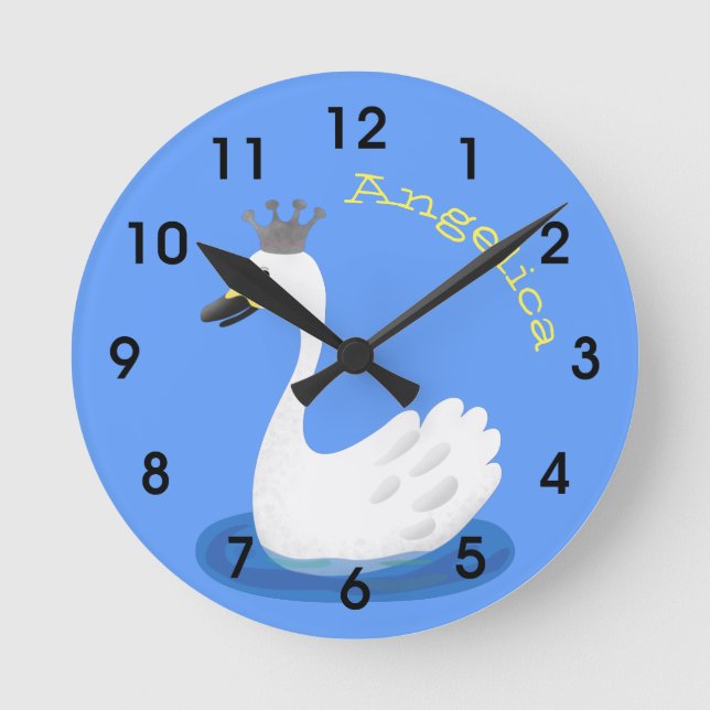 Horloge Ronde Cube cygne blanc avec dessin de la couronne (Recto)