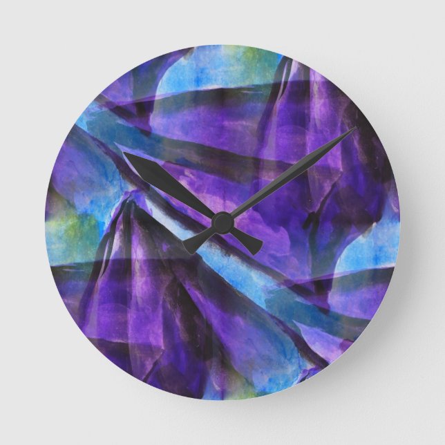 Horloge Ronde cubisme transparent violet, art abstrait bleu (Recto)
