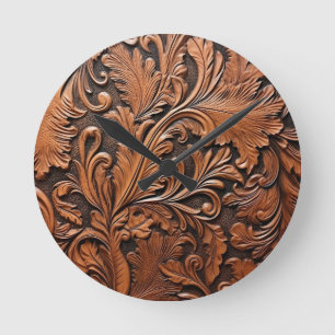 Horloge Ronde Cuir brun embouti
