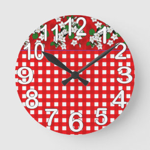 Horloge Ronde Cuisine de campagne rouge et blanche en vichy