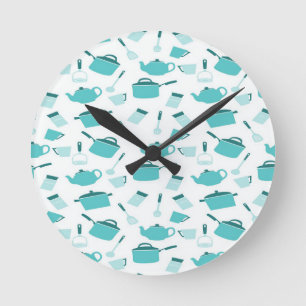 Horloge Ronde Cuisine Turquoise Blue Cuisine Ustensiles Abstrait