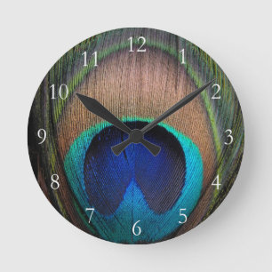 Horloge Ronde Cuivre/plume turquoise/bleue de paon