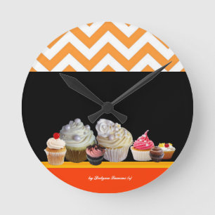 Horloge Ronde CUPCAKES COLORÉS YUMMY DESERT SHOP Orange Chevron