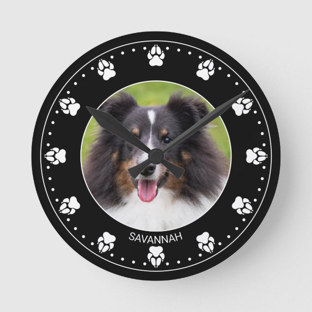 Horloge Ronde Custom Pet Photo With Paws Clock Face & nom (Recto)