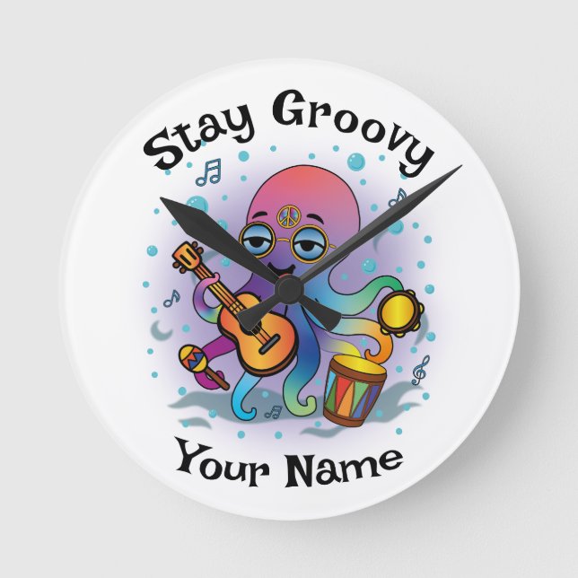 Horloge Ronde Custom Wall Clock | Retro Octopus | Name & Text (Recto)