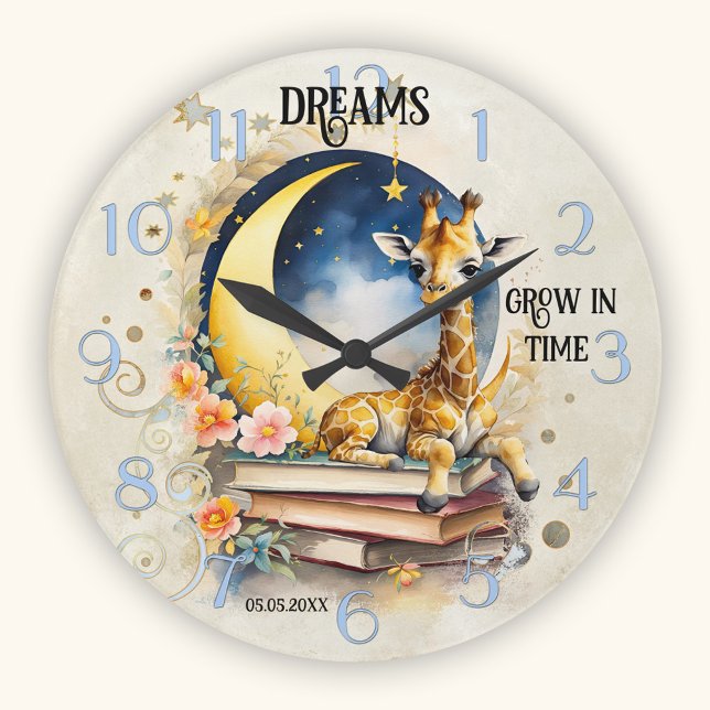 Horloge Ronde Cute Aquarelle Giraffe Dream (Wall clock showing a watercolor night time illustration of a giraffe on books with a moon and stars)