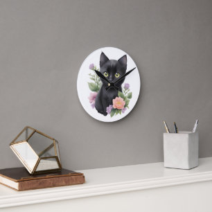 Horloge Ronde Cute Black Chat Floral Whimsical