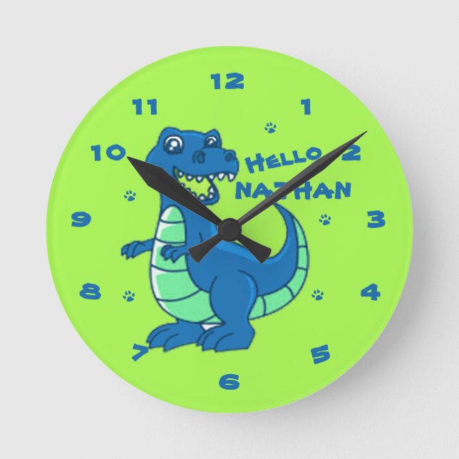 Horloge Ronde Cute Blue Green Dinosaur Bonjour Nom Enfants (Recto)