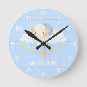 Horloge Ronde Cute Boho Aquarelle Eléphant Nuages Bleu Pépinière