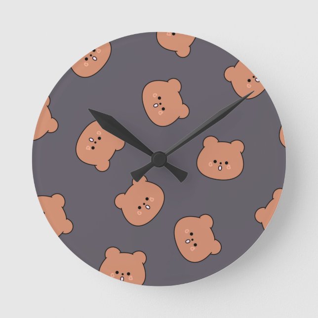 Horloge Ronde Cute Brown Teddy Bear Face Pattern Dark Blue (Recto)
