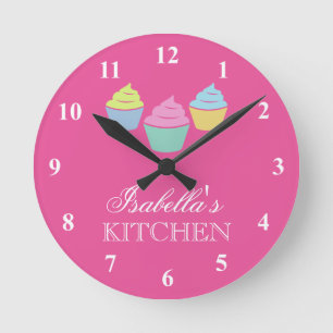 Horloge Ronde Cute custom pink cupcake kitchen wall clock