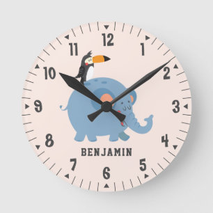 Horloge Ronde Cute Elephant and Bird Boys Room Decor Custom