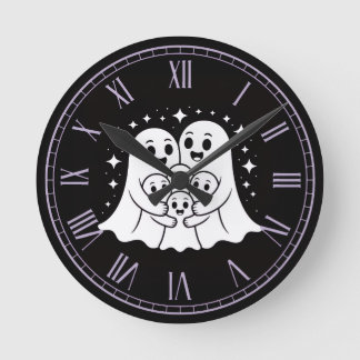 Horloge Ronde Cute Ghost Family Hugging Black and White Stars Sp