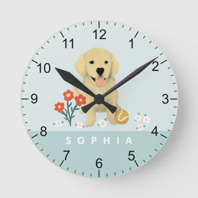Horloge Ronde Cute Golden Retriever Chien Floral (Recto)