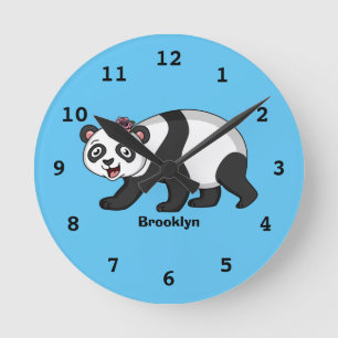 Horloge Ronde Cute happy panda bear with flower cartoon